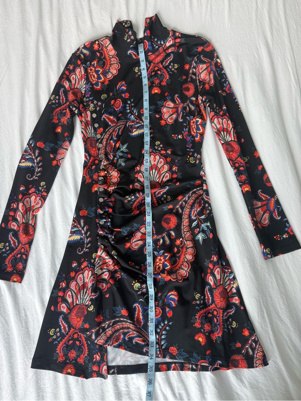 Paco Rabanne Black Long-Sleeve Paisley A-Line Dress with Red Accents - Picture 4 of 9